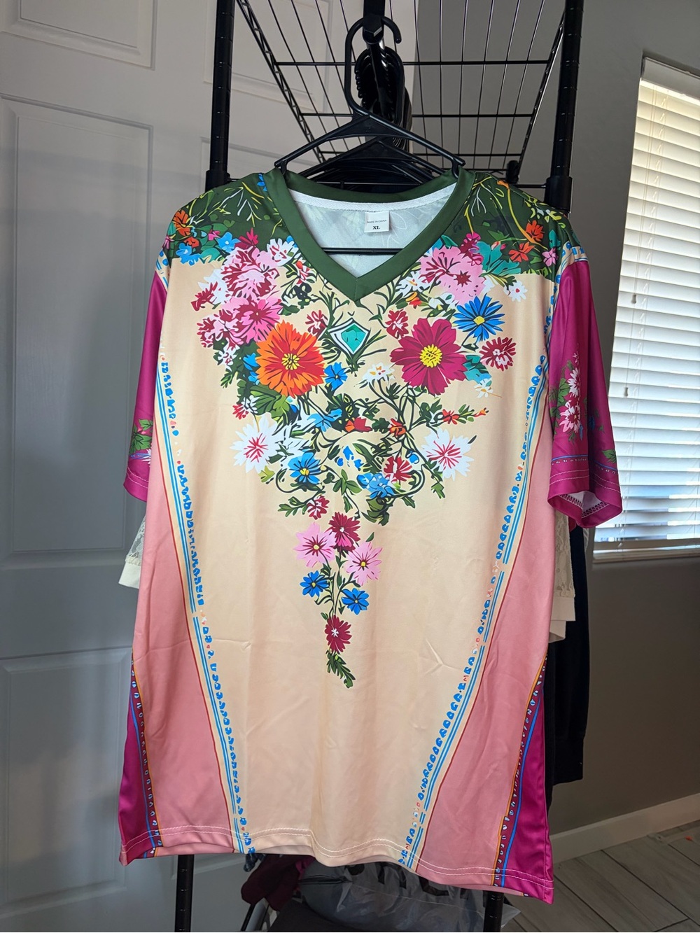 Floral V-Neck Short Sleeve Top in Pink, Cream and Green